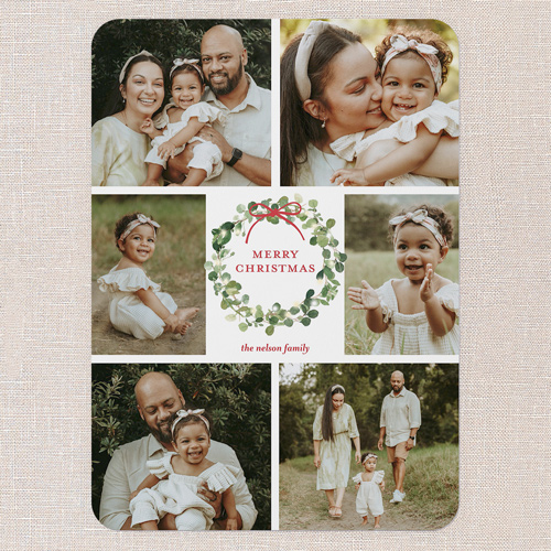 Wreath Basics Holiday Card, White, 5x7 Flat, Write Your Own, Pearl Shimmer Cardstock, Rounded, White