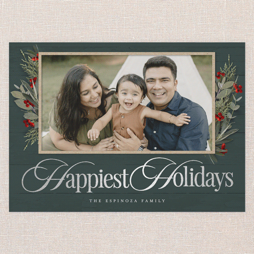 Fancy Florals Holiday Card, Silver Foil, Green, 5x7 Flat, Holiday, Luxe Double-Thick Cardstock, Square, Seaweed