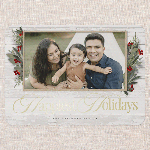 Fancy Florals Holiday Card, Gold Foil, White, 5x7 Flat, Holiday, Pearl Shimmer Cardstock, Rounded, White