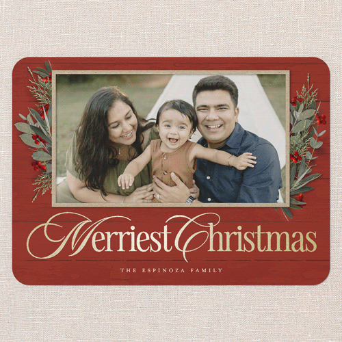 Fancy Florals Holiday Card, Red, Gold Foil, 5x7 Flat, Christmas, Pearl Shimmer Cardstock, Rounded, Red