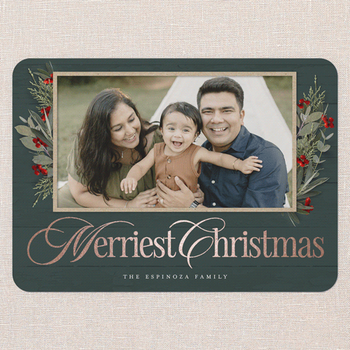 Fancy Florals Holiday Card, Rose Gold Foil, Green, 5x7 Flat, Christmas, Pearl Shimmer Cardstock, Rounded
