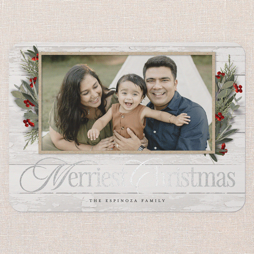 Fancy Florals Holiday Card, Silver Foil, White, 5x7 Flat, Christmas, Pearl Shimmer Cardstock, Rounded, White