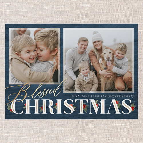 Hints Of Holly Holiday Card, Blue, 5x7 Flat, Religious, Pearl Shimmer Cardstock, Square, Blue