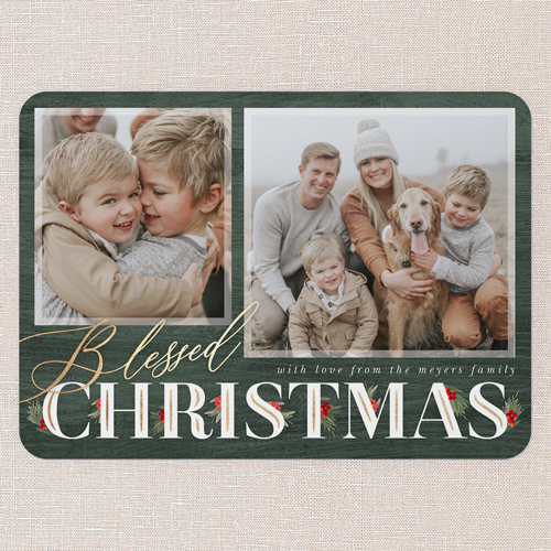 Hints Of Holly Holiday Card, Green, 5x7 Flat, Religious, Standard Smooth Cardstock, Rounded, Green