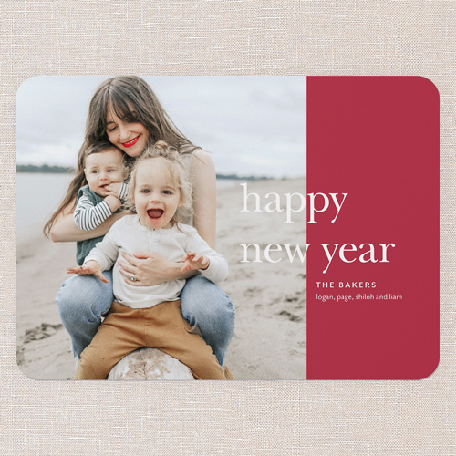 Simple Joyful Moments Holiday Card, Red, 5x7 Flat, New Year, Pearl Shimmer Cardstock, Rounded, Red