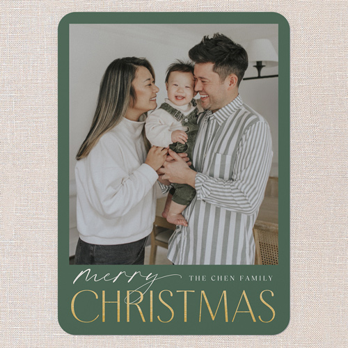 Merry Modern Tidings Holiday Card, Green, 5x7 Flat, Christmas, Pearl Shimmer Cardstock, Rounded