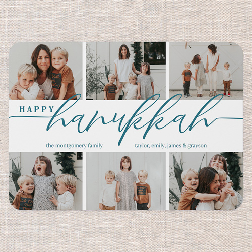 Hand Lettered Charm Holiday Card, Blue, 5x7 Flat, Hanukkah, Pearl Shimmer Cardstock, Rounded, Blue