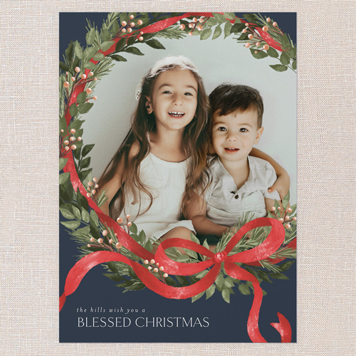 Merry Ribbon Wreath Holiday Card, Blue, 5x7 Flat, Religious, Pearl Shimmer Cardstock, Square, Blue