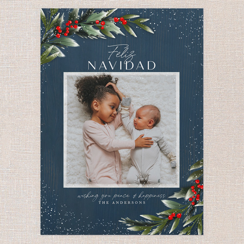 Frosty Foliage Frame Holiday Card, Blue, none, 5x7 Flat, Feliz Navidad, Pearl Shimmer Cardstock, Square, Nautical
