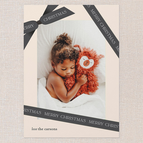 Ribbon Wrapped Holiday Card, Grey, 5x7 Flat, Christmas, Luxe Double-Thick Cardstock, Square, Burnt Ash