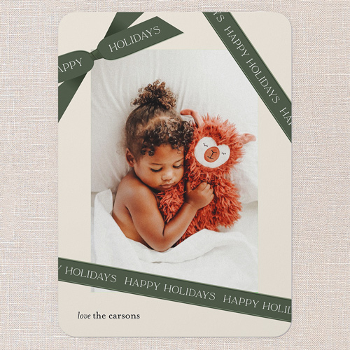 Ribbon Wrapped Holiday Card, Green, 5x7 Flat, Holiday, Matte, Signature Smooth Cardstock, Rounded, Evergreen