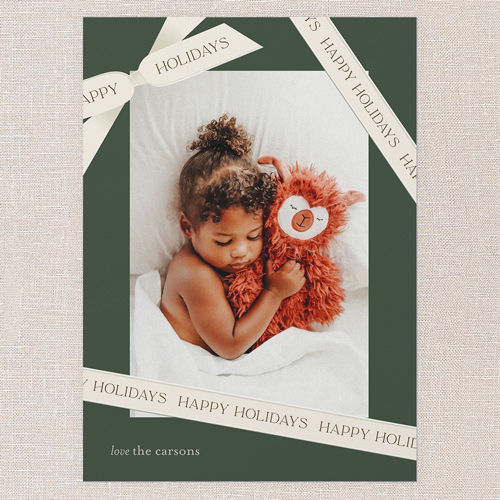 Ribbon Wrapped Holiday Card, Beige, 5x7 Flat, Holiday, Pearl Shimmer Cardstock, Square, Apricot Mousse