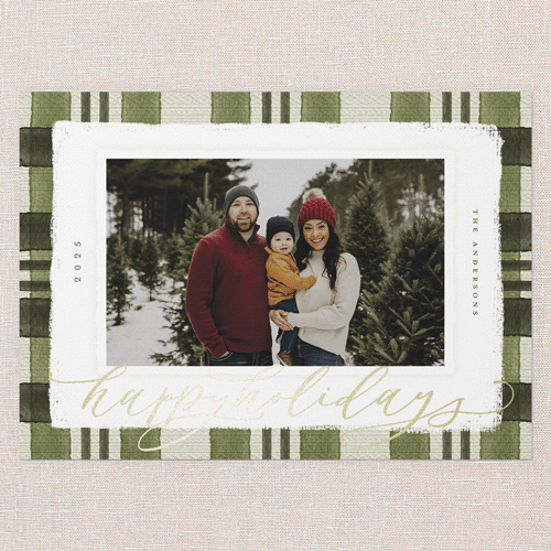 Signed Plaid Holiday Card, Green, Gold Foil, 5x7 Flat, Holiday, Pearl Shimmer Cardstock, Square, Bark