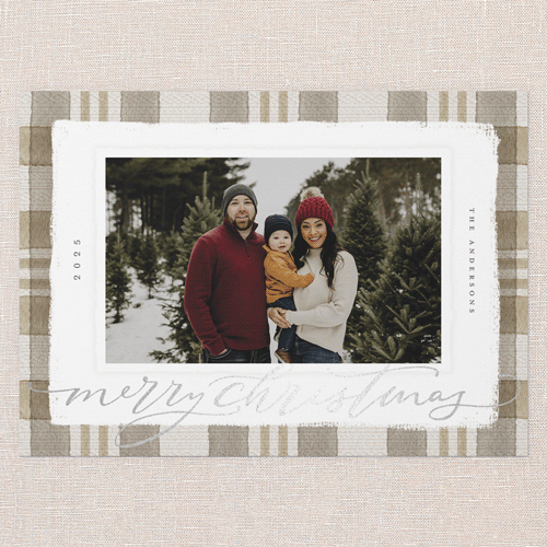 Signed Plaid Holiday Card, Brown, Silver Foil, 5x7 Flat, Christmas, Pearl Shimmer Cardstock, Square, Dust Bunny