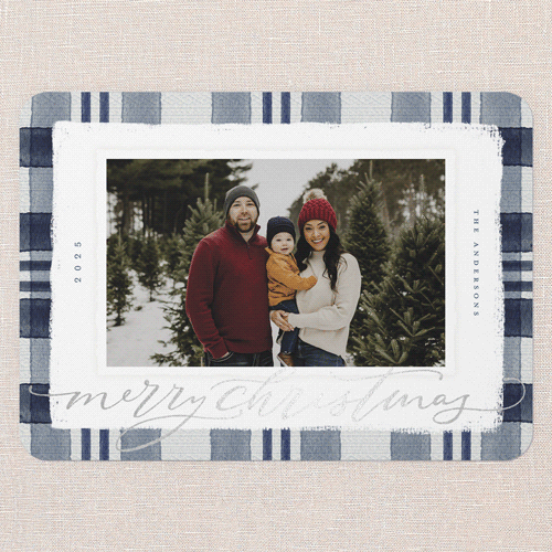 Signed Plaid Holiday Card, Blue, Silver Foil, 5x7 Flat, Christmas, Pearl Shimmer Cardstock, Rounded, Nautical