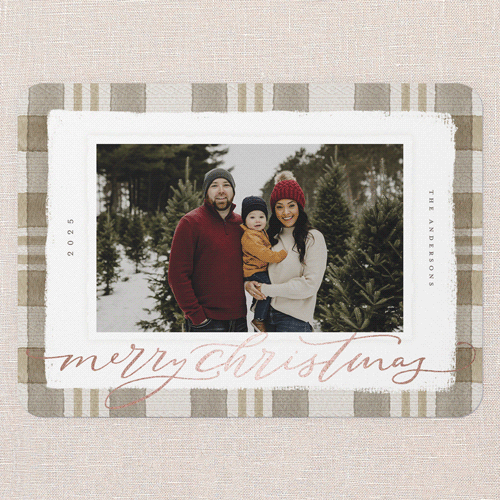 Signed Plaid Holiday Card, Brown, Rose Gold Foil, 5x7 Flat, Christmas, Pearl Shimmer Cardstock, Rounded, Dust Bunny