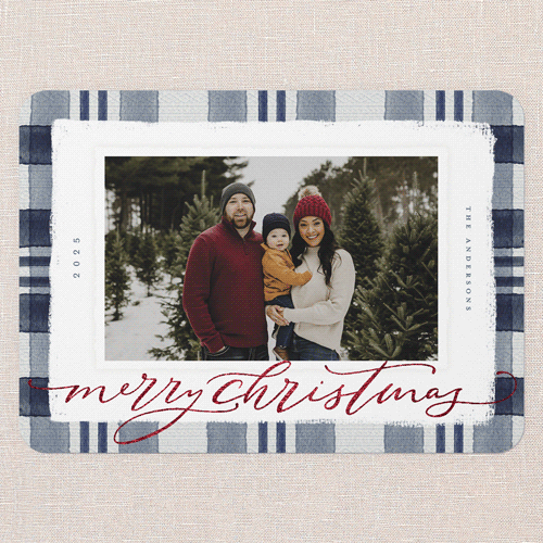 Signed Plaid Holiday Card, Blue, Red Foil, 5x7 Flat, Christmas, Pearl Shimmer Cardstock, Rounded, Nautical