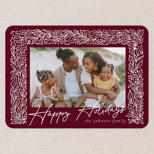 Sketched Botanicals Holiday Card, Red, 5x7 Flat, Holiday, Pearl Shimmer Cardstock, Rounded, Velvet