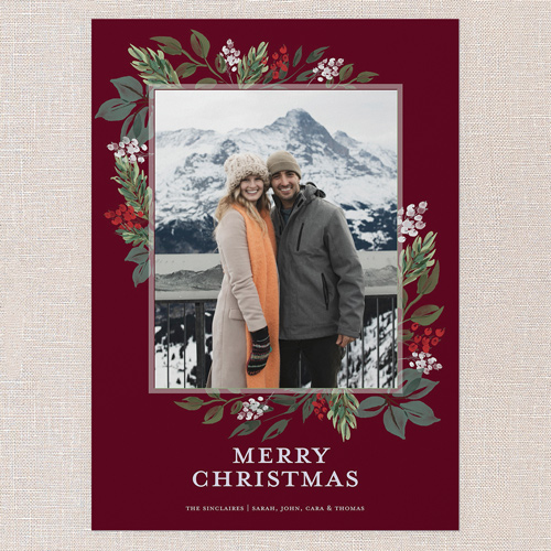 Blissful Foliage Holiday Card, Red, 5x7 Flat, Christmas, 100% Recycled Cardstock , Square, Velvet