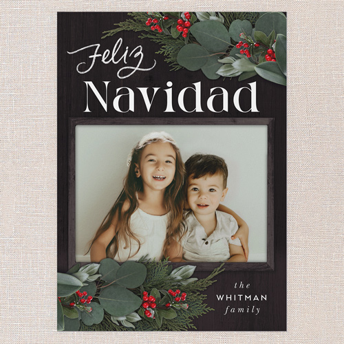 Framed Evergreen Holiday Card, Black, 5x7 Flat, Feliz Navidad, Standard Smooth Cardstock, Square, Black