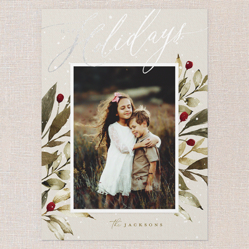 Baroque Berries Holiday Card, Grey, Silver Foil, 5x7 Flat, Holiday, Pearl Shimmer Cardstock, Square, Whisper Gray