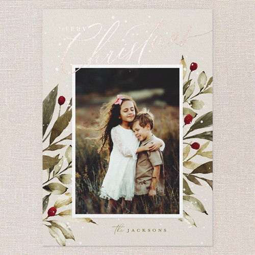 Baroque Berries Holiday Card, Grey, Rose Gold Foil, 5x7 Flat, Christmas, Pearl Shimmer Cardstock, Square, Whisper Gray