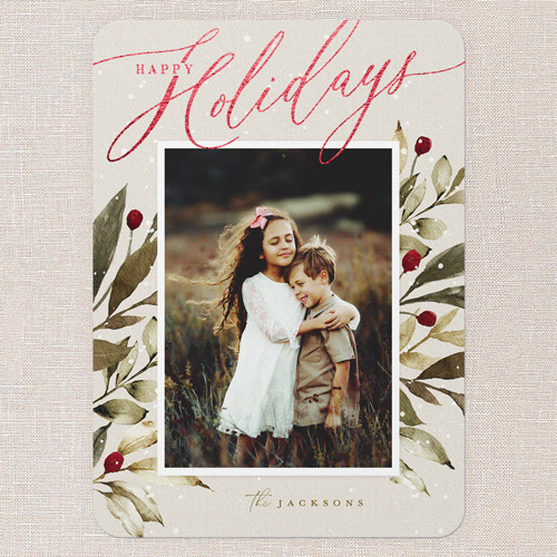 Baroque Berries Holiday Card, Grey, Red Foil, 5x7 Flat, Holiday, Pearl Shimmer Cardstock, Rounded, Whisper Gray