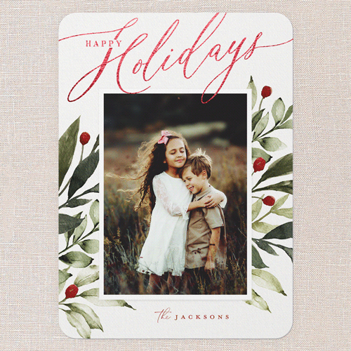 Baroque Berries Holiday Card, White, Red Foil, 5x7 Flat, Holiday, Matte, Signature Smooth Cardstock, Rounded, White