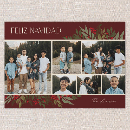 Botanicals Gallery Holiday Card, Red, 5x7 Flat, Feliz Navidad, Pearl Shimmer Cardstock, Square, Velvet