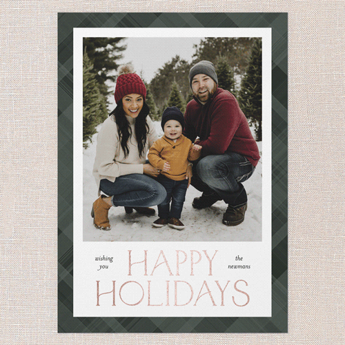 Plaid Stamp Holiday Card, Rose Gold Foil, Green, 5x7 Flat, Holiday, Luxe Double-Thick Cardstock, Square, Green