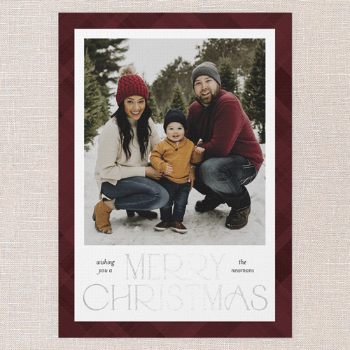 Plaid Stamp Holiday Card, Red, Silver Foil, 5x7 Flat, Christmas, Pearl Shimmer Cardstock, Square, Red