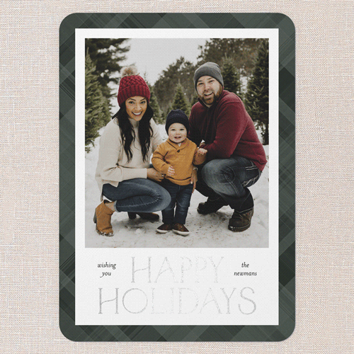 Plaid Stamp Holiday Card, Green, Silver Foil, 5x7 Flat, Holiday, Matte, Signature Smooth Cardstock, Rounded, Green