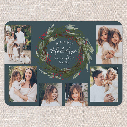 Wreath Wonder Holiday Card, none, Blue, 5x7 Flat, Holiday, Pearl Shimmer Cardstock, Rounded, Blue