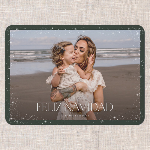 Dusted Frame Holiday Card, Green, 5x7 Flat, Feliz Navidad, Pearl Shimmer Cardstock, Rounded, Forest