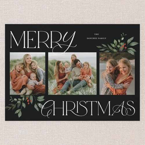 Hint Of Green Holiday Card, Black, none, 5x7 Flat, Christmas, Pearl Shimmer Cardstock, Square, Rich Black