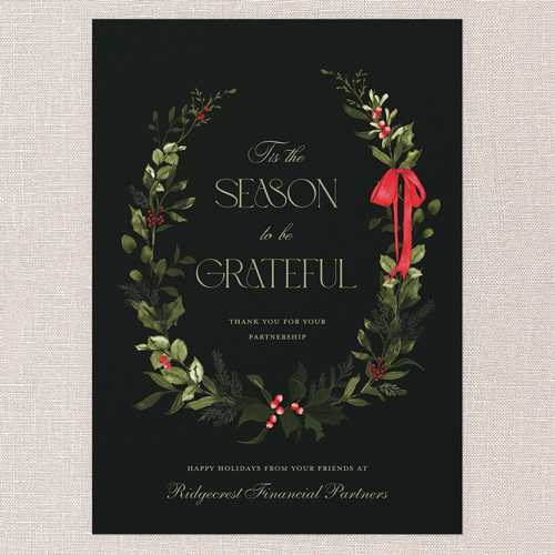 Wreath Grateful Holiday Card, Black, 5x7 Flat, Holiday, Pearl Shimmer Cardstock, Square, Rich Black