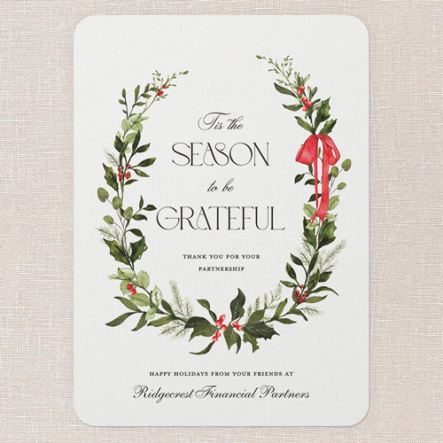 Wreath Grateful Holiday Card, White, 5x7 Flat, Holiday, Pearl Shimmer Cardstock, Rounded, White