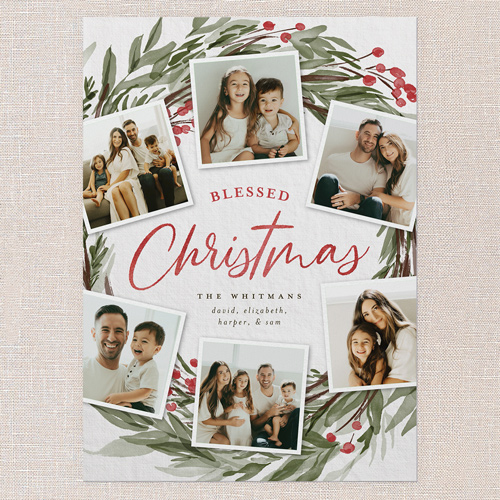 Wreath Photos Holiday Card, Grey, 5x7 Flat, Religious, Pearl Shimmer Cardstock, Square, Whisper Gray