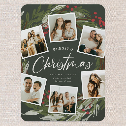 Wreath Photos Holiday Card, Green, 5x7 Flat, Religious, 100% Recycled Cardstock , Rounded, Pine