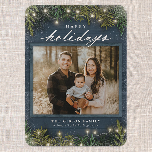 Earnest Evergreen Holiday Card, Blue, none, 5x7 Flat, Holiday, Pearl Shimmer Cardstock, Rounded, Blue