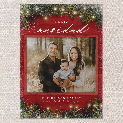 Earnest Evergreen Holiday Card, Red, none, 5x7 Flat, Feliz Navidad, Pearl Shimmer Cardstock, Square, Radish