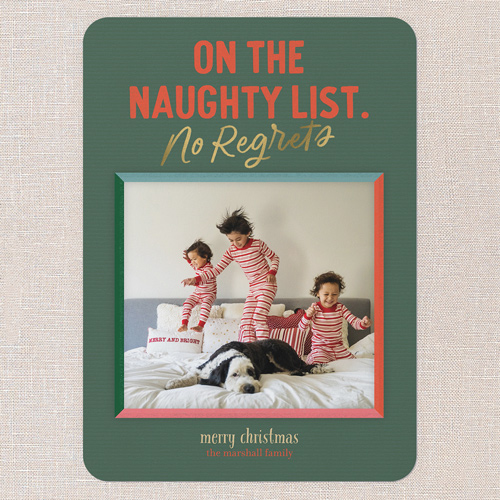 Naughty Regrets Holiday Card, Green, 5x7 Flat, Christmas, Standard Smooth Cardstock, Rounded, Avocado