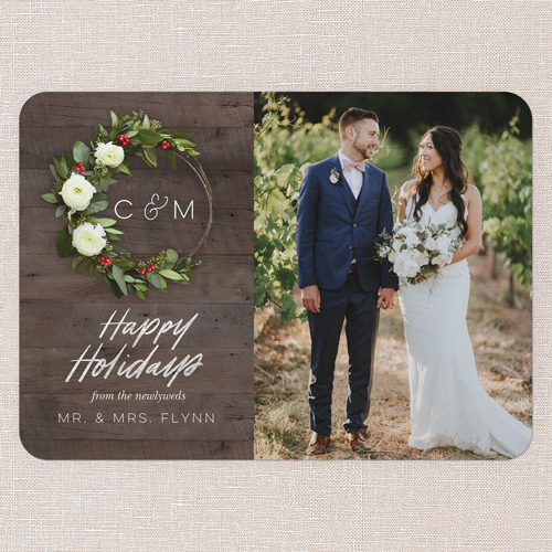 Wreath Union Holiday Card, Brown, 5x7 Flat, Holiday, Pearl Shimmer Cardstock, Rounded, Milk Chocolate