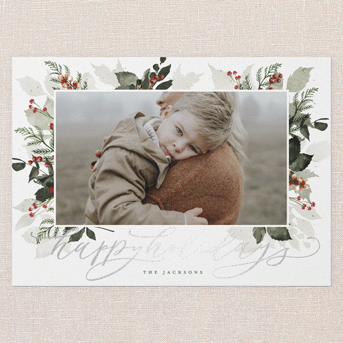 Botanical Wishes Holiday Card, White, Silver Foil, 5x7 Flat, Holiday, Pearl Shimmer Cardstock, Square, White