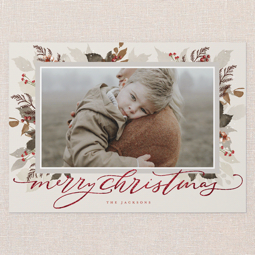 Botanical Wishes Holiday Card, Beige, Red Foil, 5x7 Flat, Christmas, Pearl Shimmer Cardstock, Square, Adobe Blush