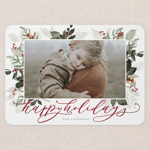 Botanical Wishes Holiday Card, Red Foil, White, 5x7 Flat, Holiday, Pearl Shimmer Cardstock, Rounded, White