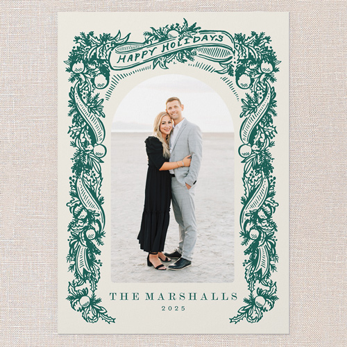 Ornate Pine Frame Holiday Card, Green, 5x7 Flat, Holiday, 100% Recycled Cardstock , Square, Tropical