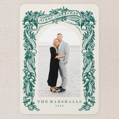 Ornate Pine Frame Holiday Card, Green, 5x7 Flat, Christmas, Pearl Shimmer Cardstock, Rounded, Tropical