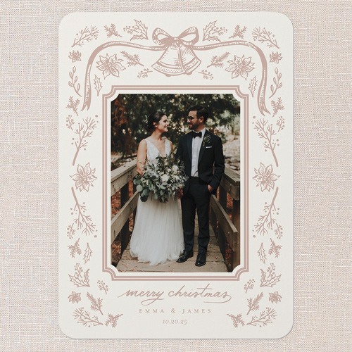 Ornate Bells Holiday Card, Beige, 5x7 Flat, Christmas, Standard Smooth Cardstock, Rounded, Adobe Blush