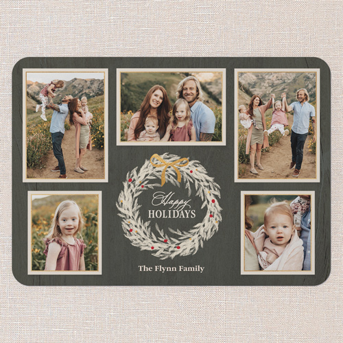 Wreath Gathering Holiday Card, Green, 5x7 Flat, Holiday, Pearl Shimmer Cardstock, Rounded, Tree
